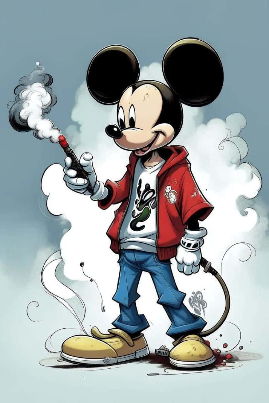  壁紙 — 米奇老鼠穿著街頭服飾，在陰天背景下吸電子煙，煙霧繚繞。