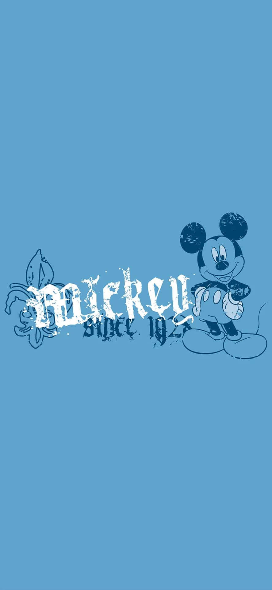  壁紙 — 米奇老鼠以復古塗鴉風格站在純藍色背景上，旁邊有「Mickey since 1928」文字。