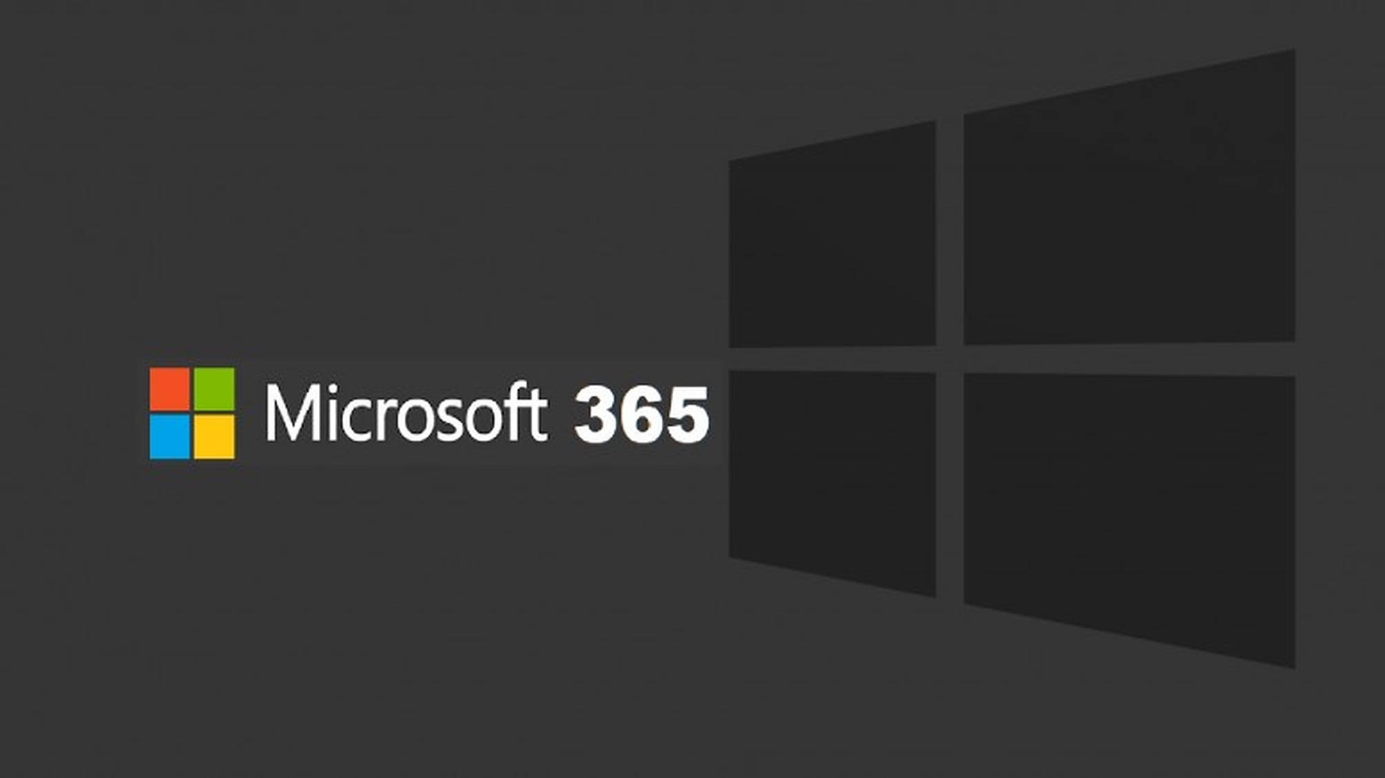 Office 365 桌布 壁紙 — Microsoft 365 標誌，帶有彩色方形圖示和窗格剪影，背景為深灰色。