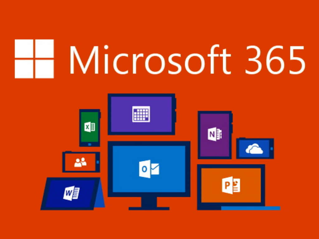 Office 365 桌布 壁紙 — Microsoft 365 標誌和應用程式圖示顯示在色彩繽紛的裝置上，背景為充滿活力的橙色。