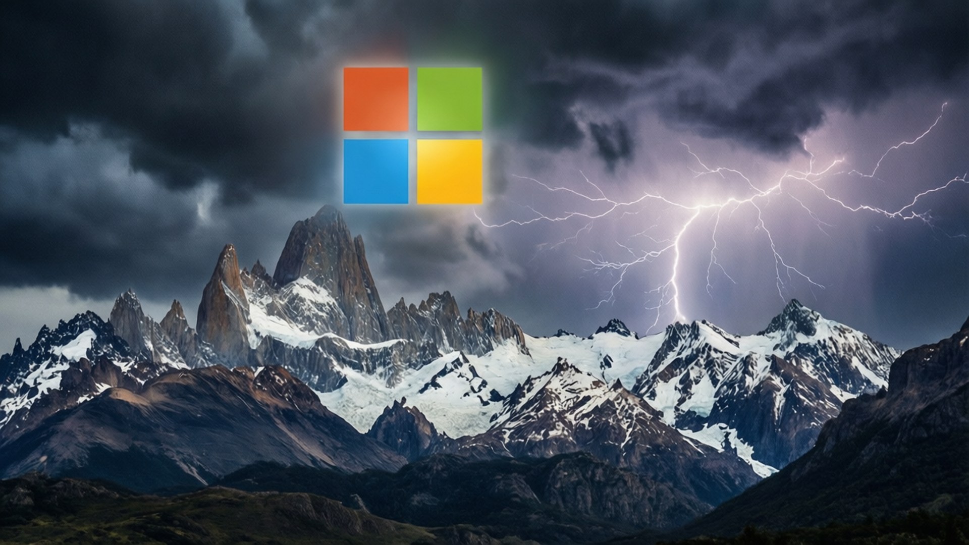 Stormy Microsoft Peaks 壁紙 — Microsoft 標誌漂浮在鋸齒狀積雪的山峰之上，天空風雨交加，閃電劃破天際。