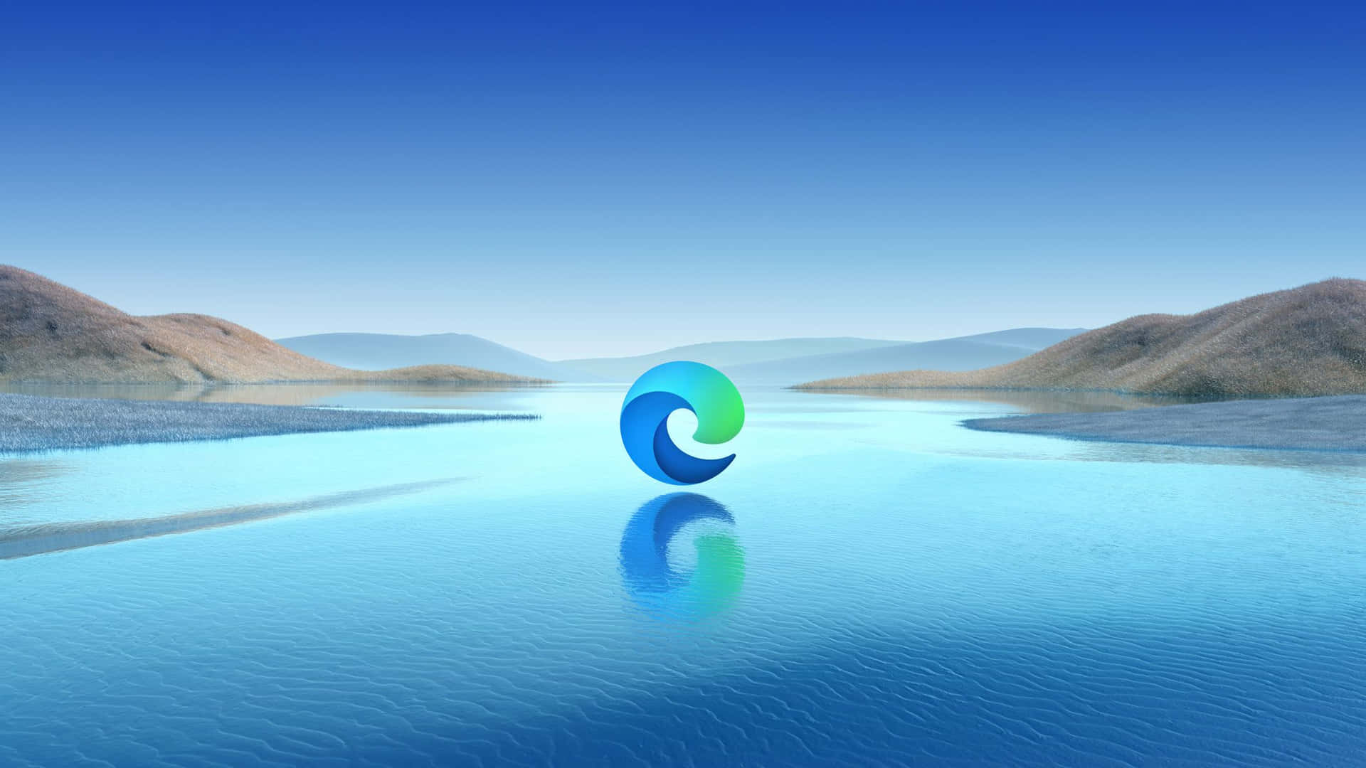Microsoft Edge 標誌漂浮在寧靜的湖面上，背景有山丘。 — Microsoft 壁紙