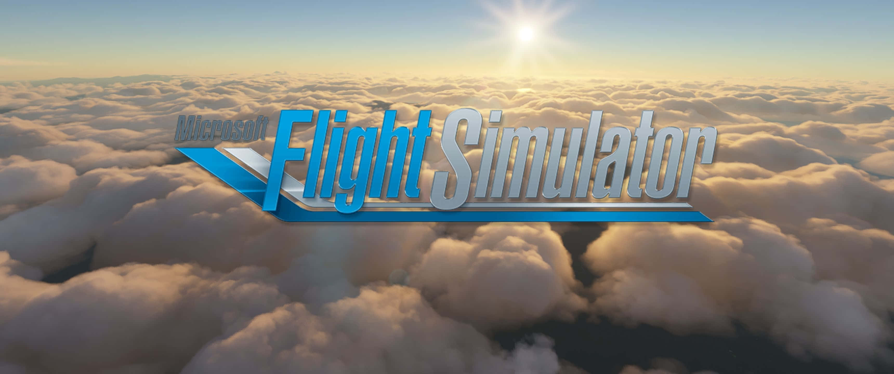 3440x1440p Microsoft Flight Simulator 桌布 壁紙 — Microsoft Flight Simulator 標誌漂浮在日出時的金色雲層上方，頭頂有明亮的太陽。