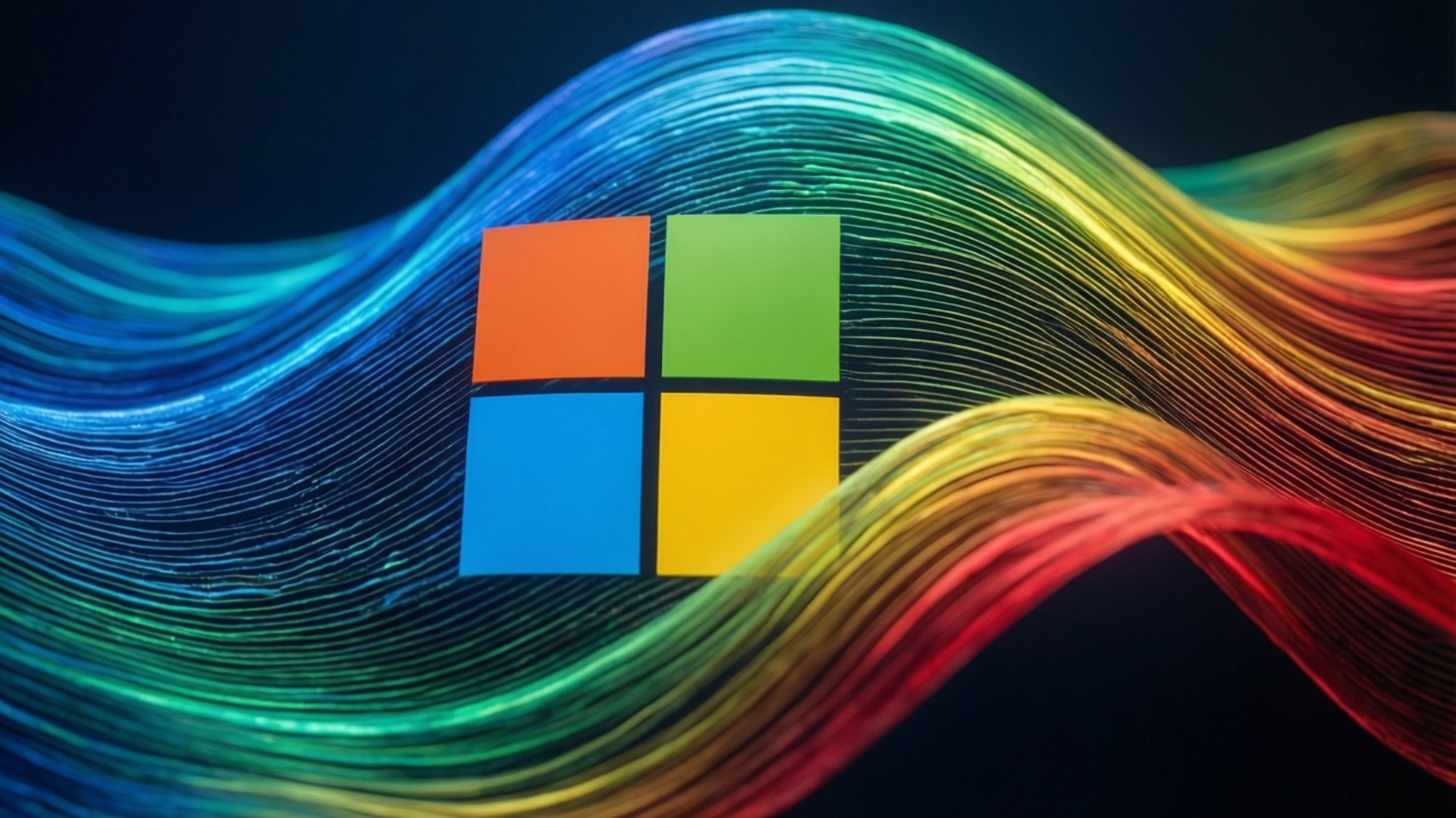 Abstract Wave Microsoft 壁紙 — Microsoft 標誌居中於深色背景上，帶有流動的彩虹光條環繞。