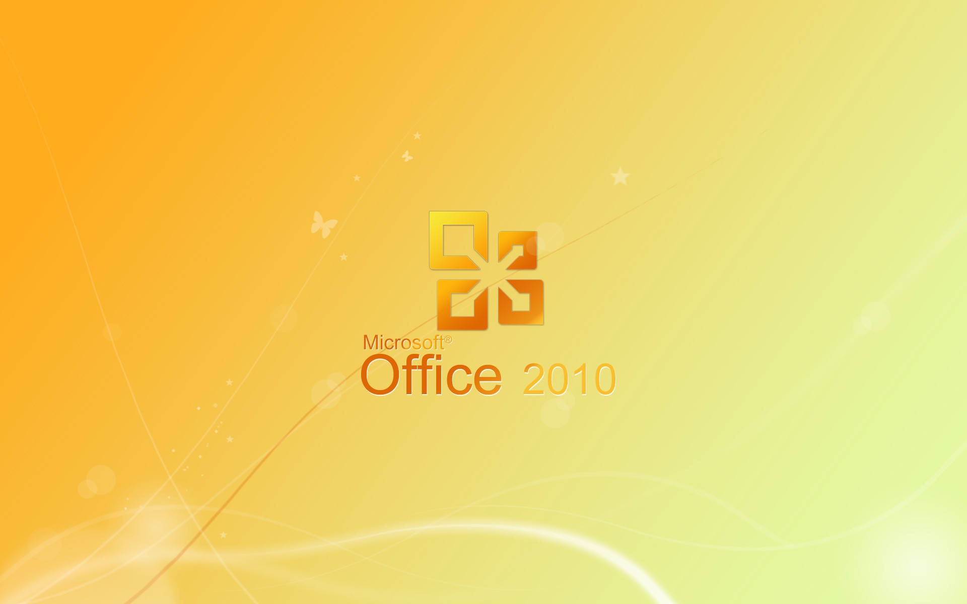 微軟桌面 桌布 壁紙 — Microsoft Office 2010 標誌居中於漸變黃色背景上，帶有微妙的光線條紋和漂浮粒子。
