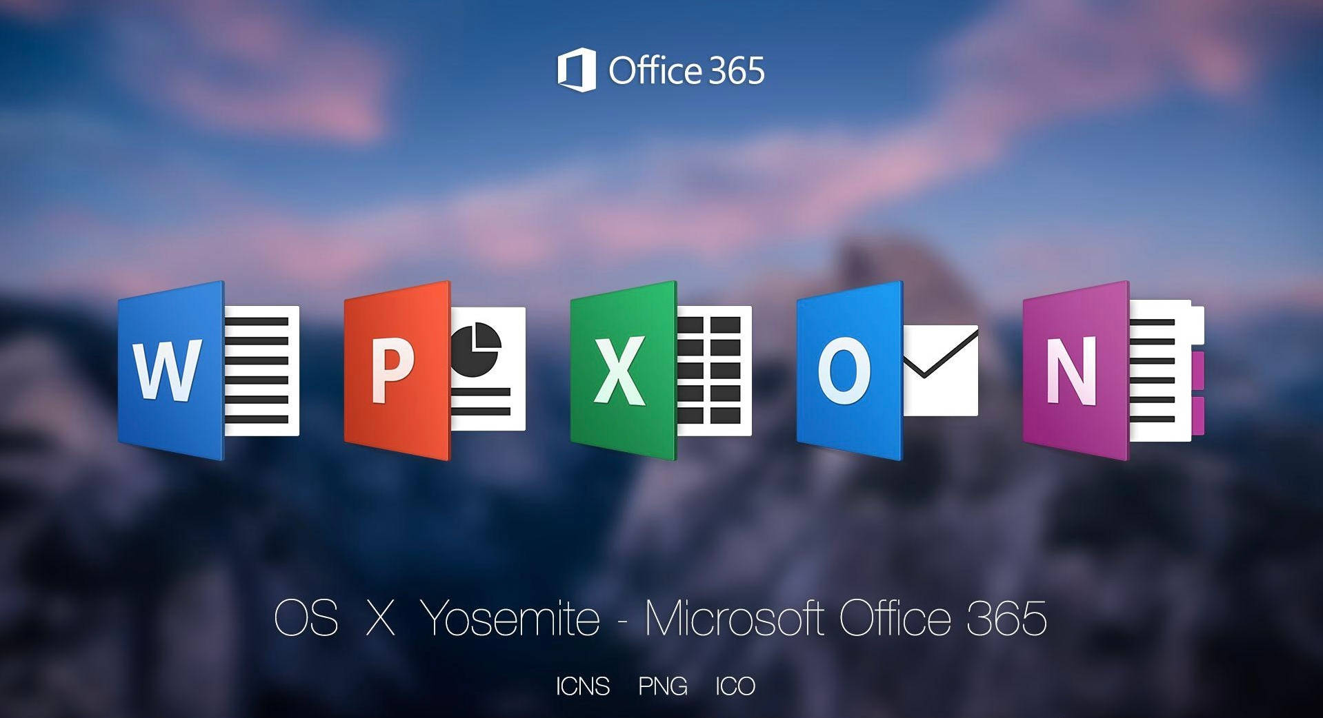 Office 365 桌布 壁紙 — Microsoft Office 365 應用程式圖示漂浮在柔和的暮色天空上，襯著山脈剪影。
