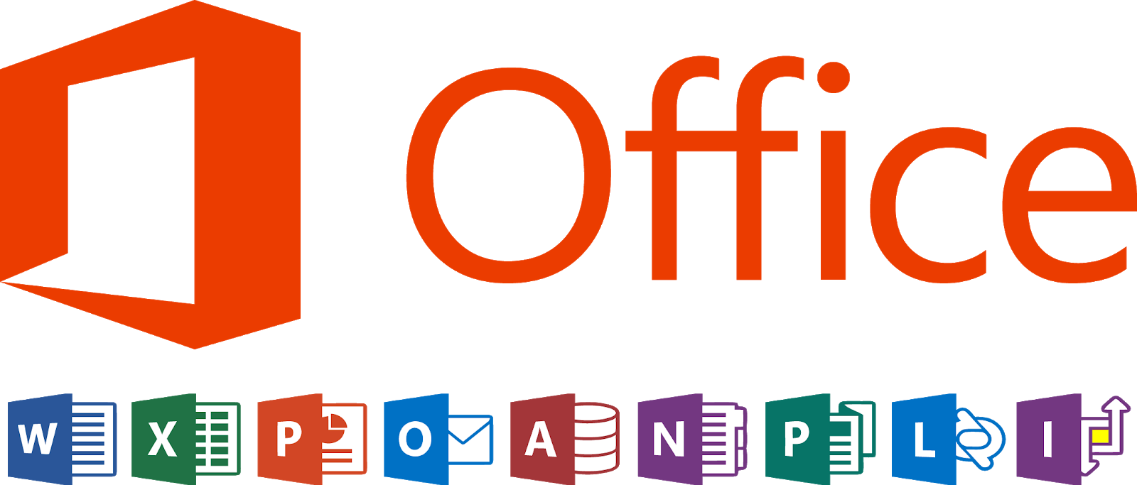 microsoft 桌布 壁紙 — Microsoft Office 標誌，帶有橙色立方體和應用程式圖示，背景為黑色。