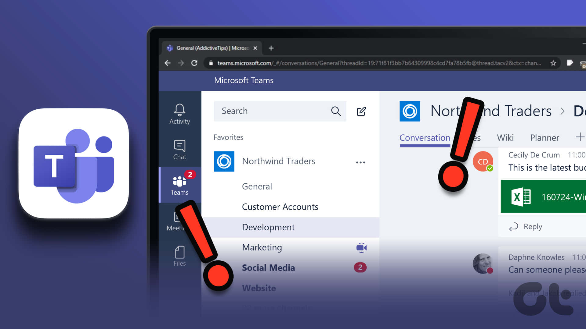 Microsoft Teams 應用程式圖示和筆記型電腦螢幕，聊天介面上有紅色警告圖示。 — Microsoft Teams 壁紙