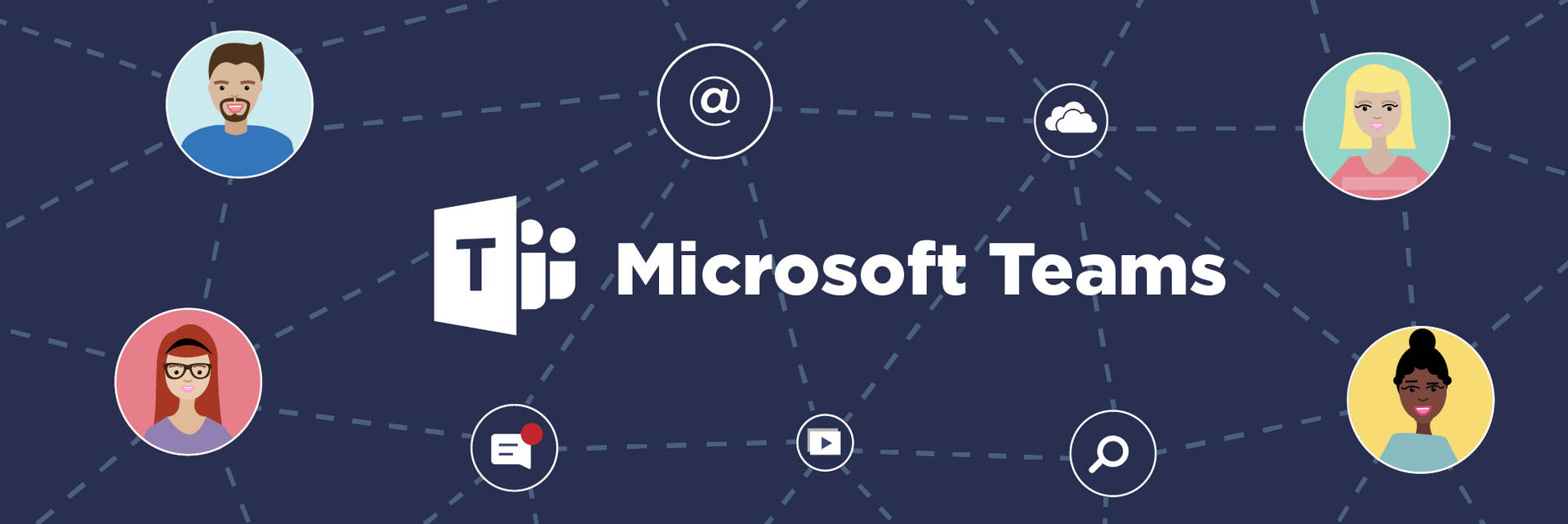 Microsoft Teams 標誌，帶有用戶頭像和應用程式圖示，以線條連接。 — Microsoft Teams 壁紙