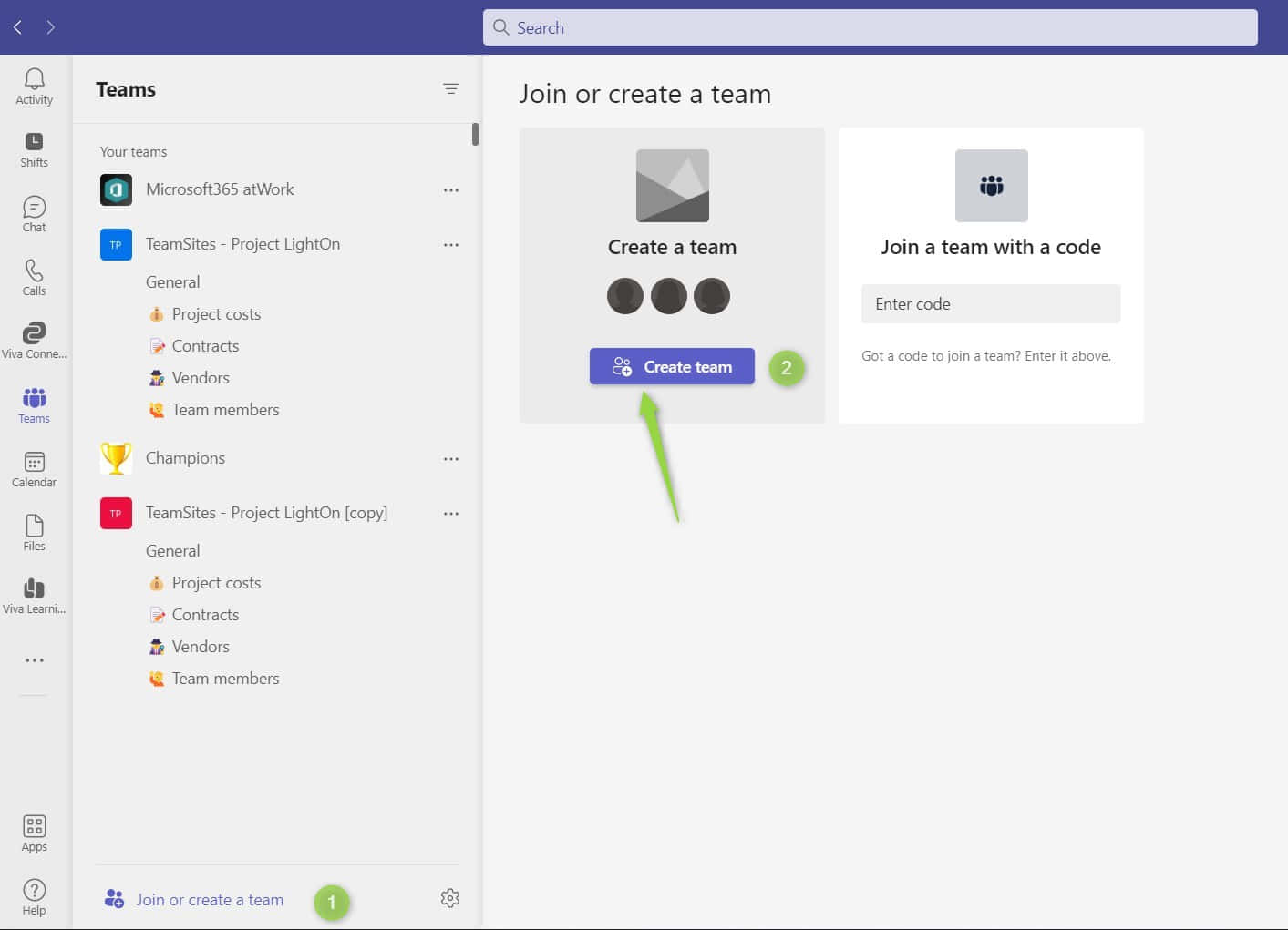 Microsoft Teams 應用程式畫面，以綠色箭頭突出顯示建立團隊按鈕。 — Microsoft Teams 壁紙
