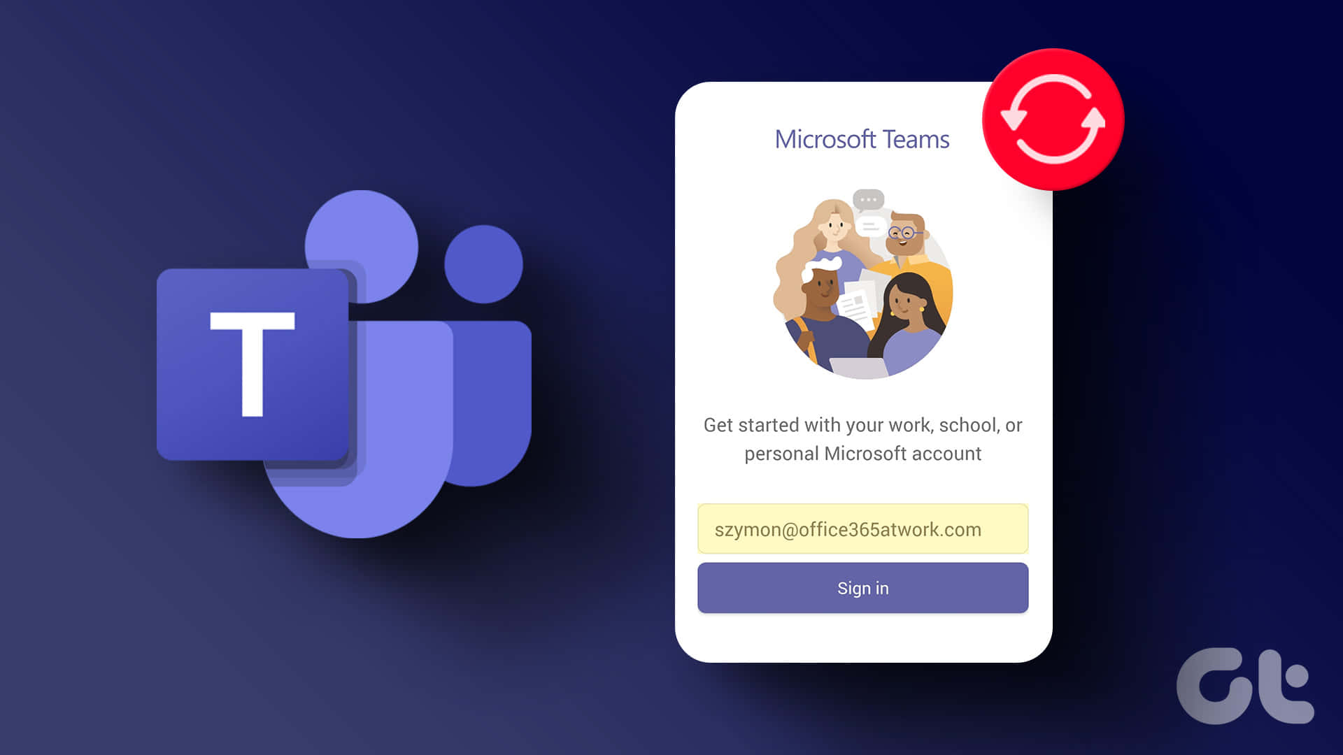 Microsoft Teams 應用程式登入畫面，配有插圖用戶和紫色背景。 — Microsoft Teams 壁紙