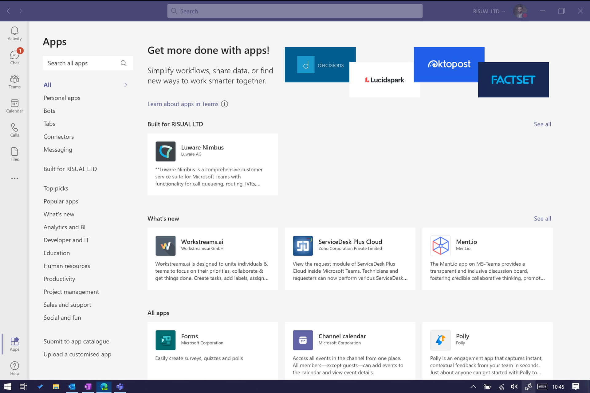 Microsoft Teams 應用程式商店，顯示商業生產力應用程式。 — Microsoft Teams 壁紙