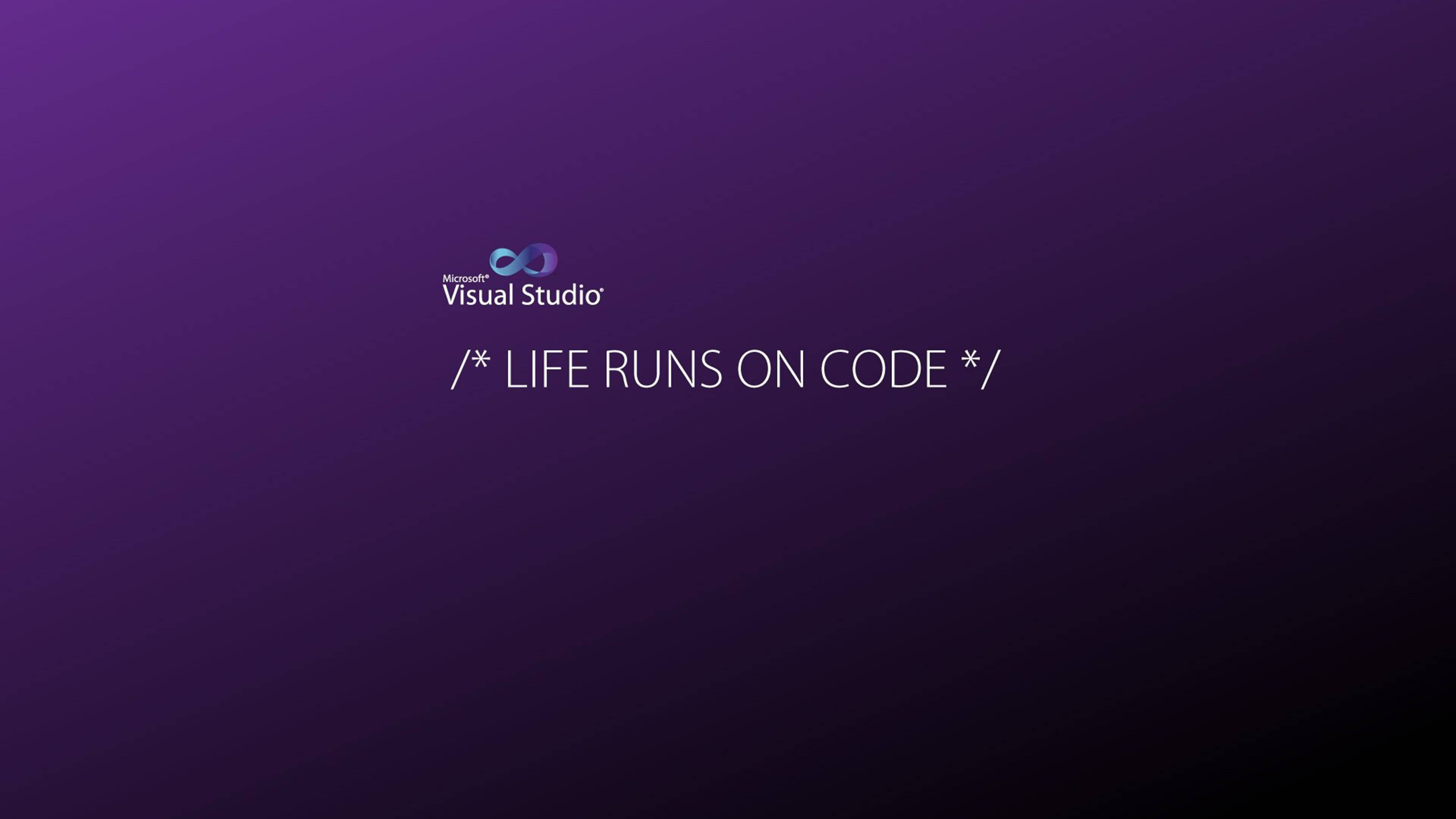 Programming 桌布 壁紙 — Microsoft Visual Studio 標誌，附有標語 life runs on code，背景為紫色漸層。