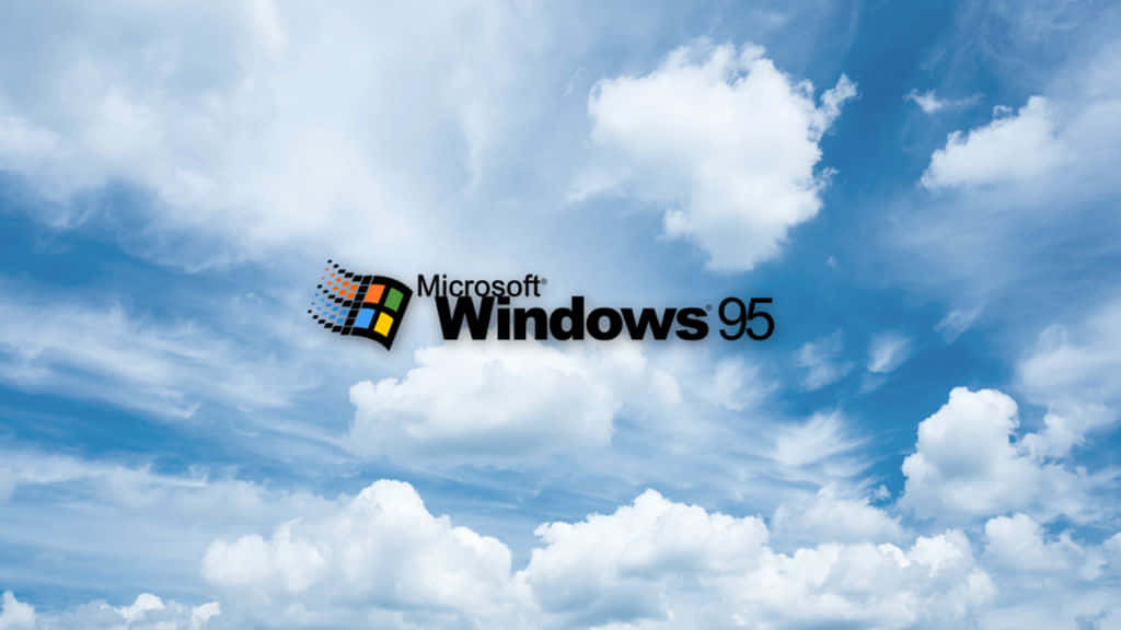Windows 95 動態圖 桌布 壁紙 — Microsoft Windows 95 標誌漂浮在佈滿蓬鬆白雲的明亮藍天上。