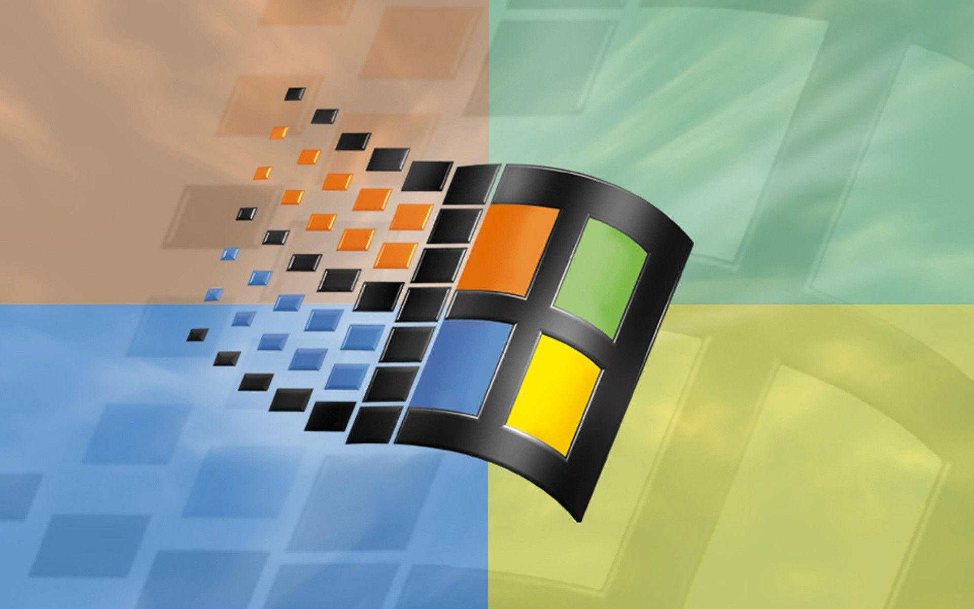 Windows 98 桌布 壁紙 — Microsoft Windows 標誌從色彩繽紛的像素化方塊瀑布中浮現，背景為漸變色。