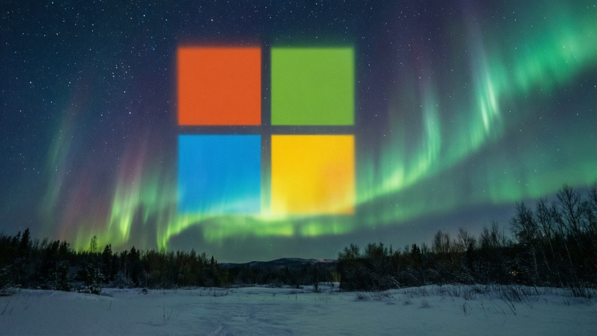 Aurora Microsoft Nights 壁紙 — Microsoft Windows 標誌在星空下發出鮮豔的橙色、綠色、藍色和黃色光芒，綠色極光在雪地森林上空舞動。