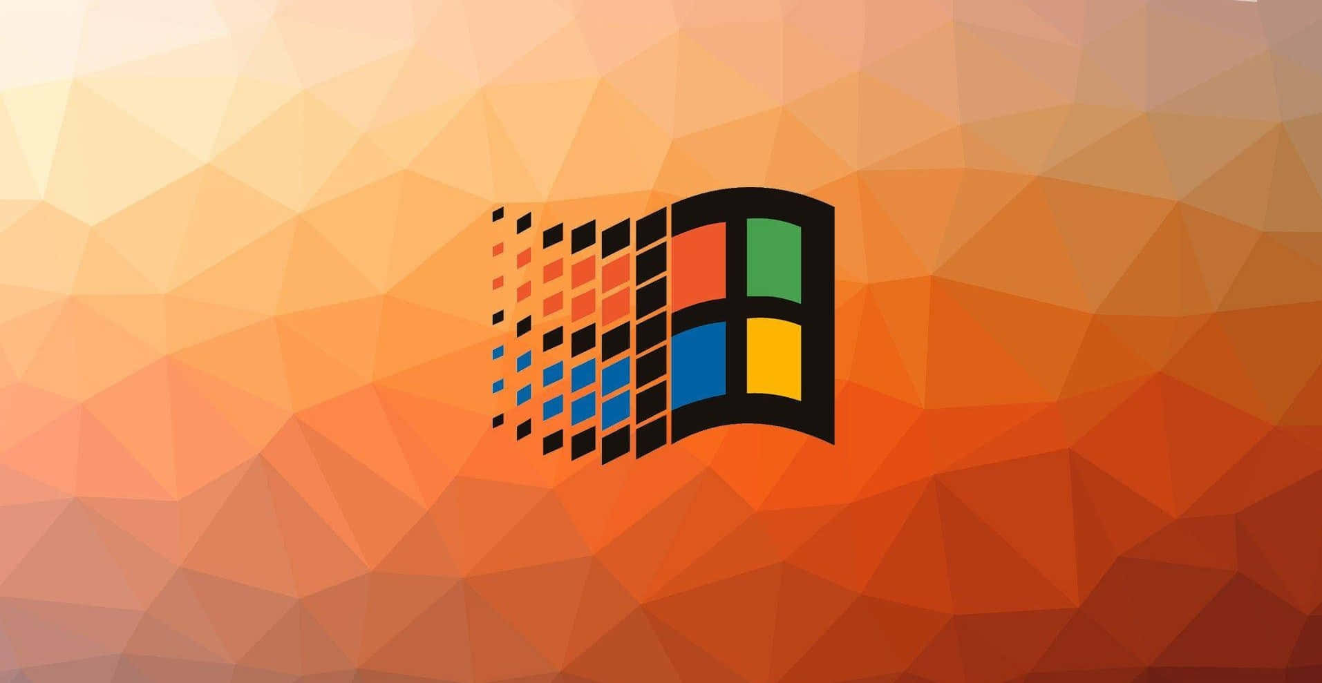 Windows 98 桌布 壁紙 — Microsoft Windows 標誌以色彩繽紛的像素風格呈現，背景為溫暖漸變的多邊形圖案。