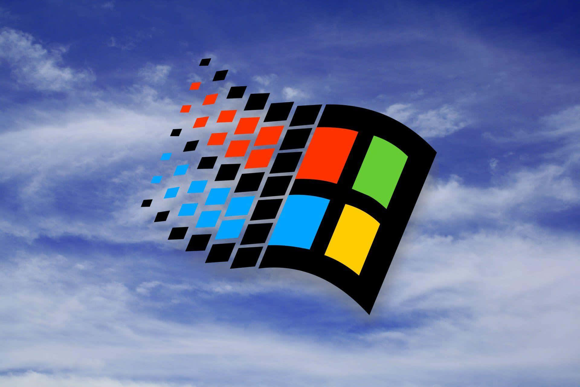 Windows 95 動態圖 桌布 壁紙 — Microsoft Windows 標誌帶有彩色像素化軌跡，在動態藍天和 fluffy 白雲中翱翔。