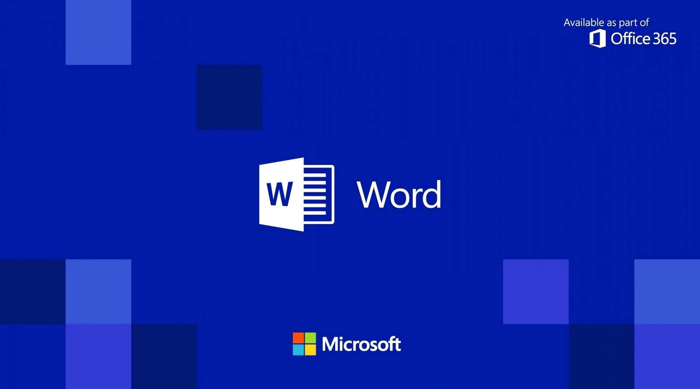 Office 365 桌布 壁紙 — Microsoft Word 標誌居中於藍色漸變背景上，帶有浮動幾何形狀。