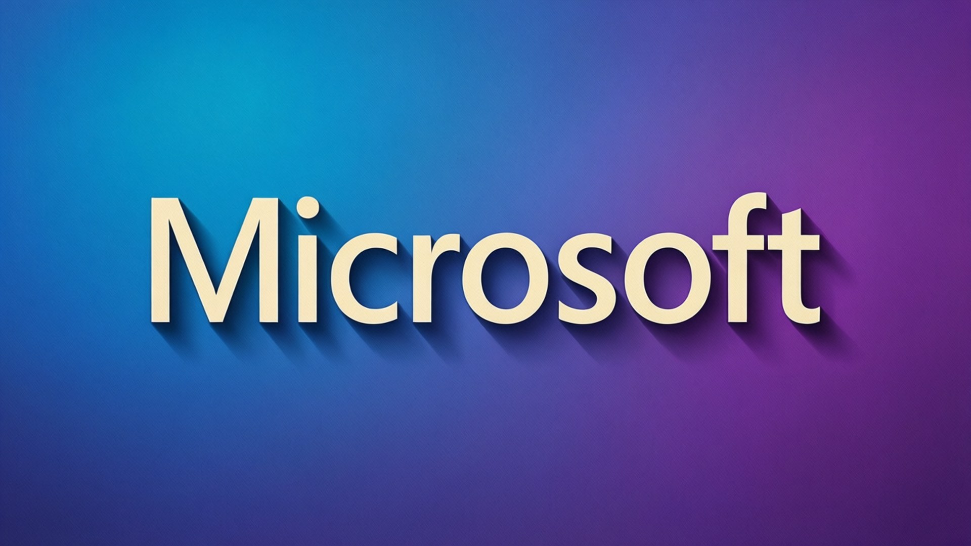 Microsoft 字型設計 壁紙 — 微軟標誌以奶油色3D字體呈現，在藍色到紫色的漸變背景上投下柔和陰影。
