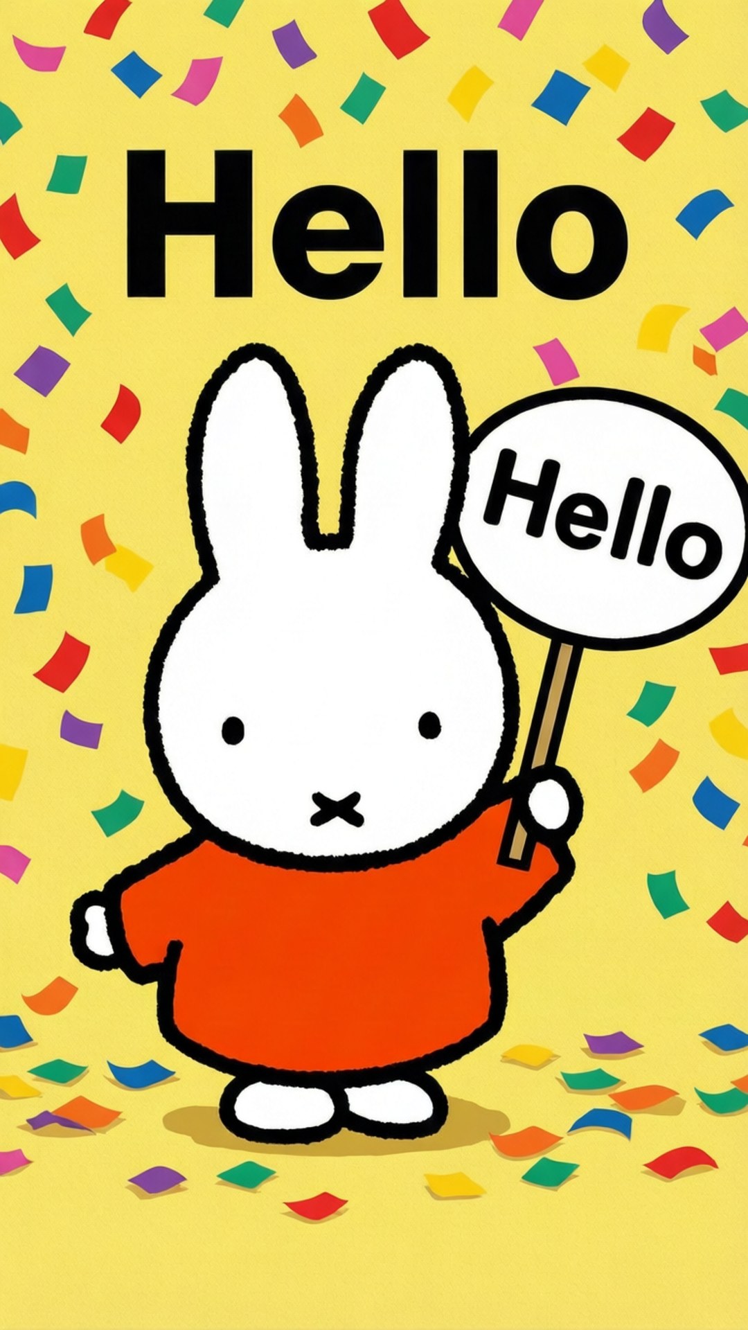 Miffy的問候 壁紙 — 一隻快樂的卡通兔穿著橙色連衣裙，在明亮的黃色背景上，於五彩紙屑中舉著一個「你好」標誌。