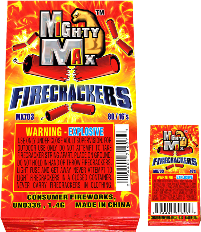 Firecracker 桌布 壁紙 — Mighty Max 爆竹充滿活力的火熱包裝，帶有粗體文字和爆炸性圖案。