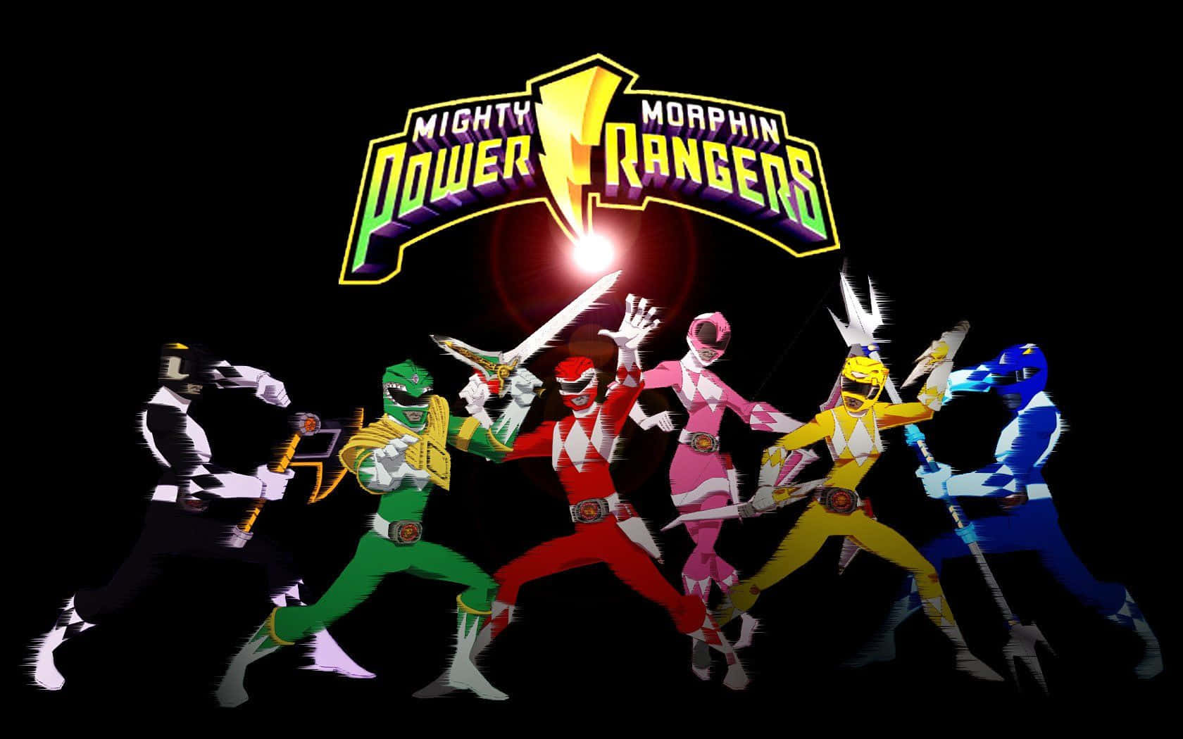 金剛戰士 桌布 壁紙 — Mighty Morphin Power Rangers 在黑色背景上發光標誌下擺出動態戰鬥姿勢。