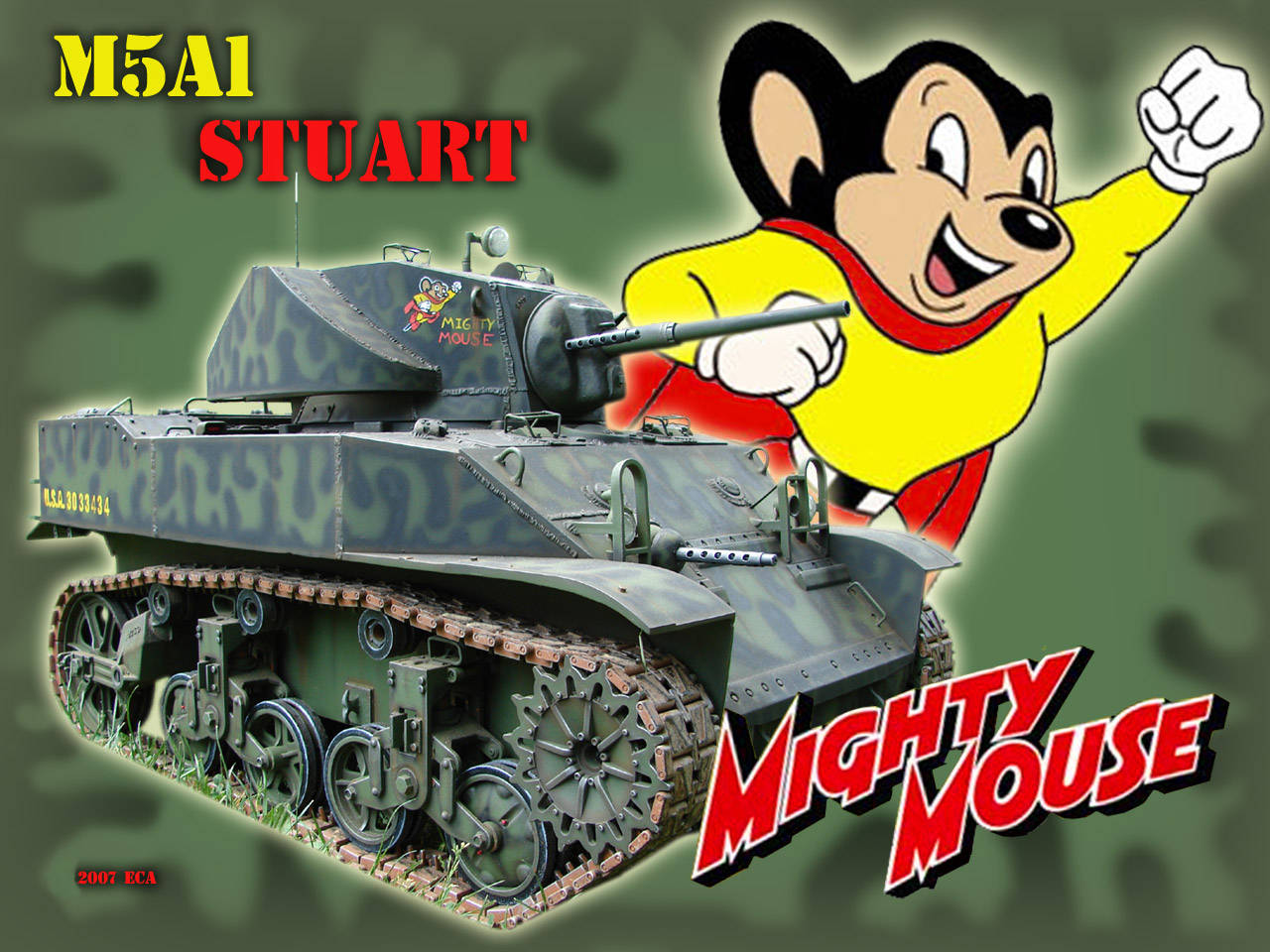 Mighty 桌布 壁紙 — Mighty Mouse 卡通角色愉快地在詳細的 M5A1 Stuart 坦克旁擺姿勢，坦克帶有迷彩塗裝。