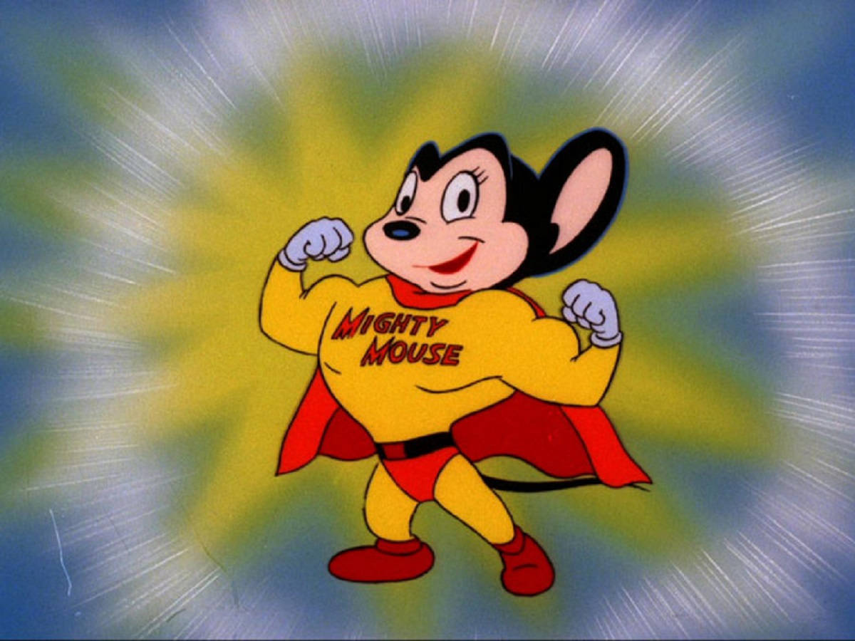 Mighty 桌布 壁紙 — Mighty Mouse 在耀眼的黃藍色背景下，以英雄姿態展示肌肉。