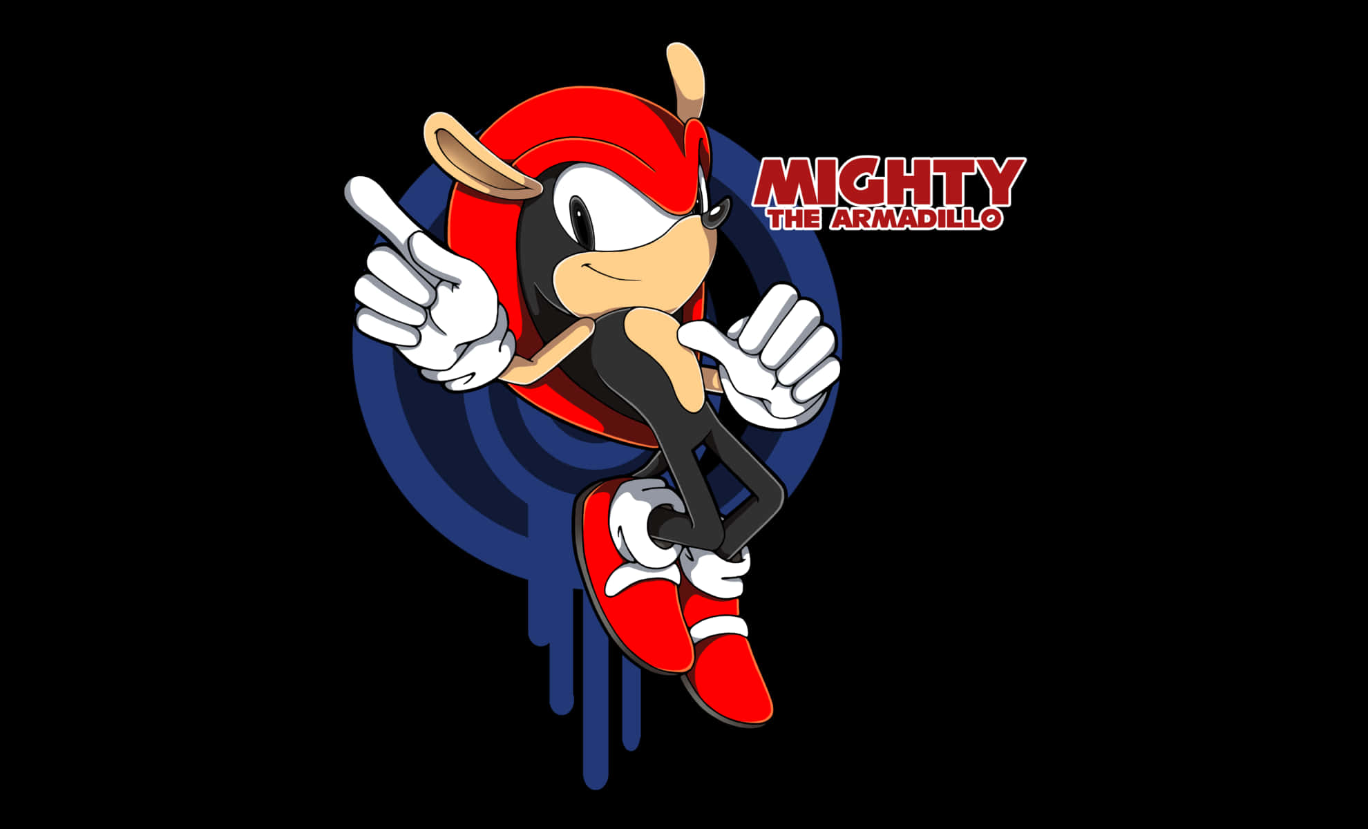 Mighty The Armadillo 桌布 壁紙 — Mighty the Armadillo 以動態姿勢呈現，戴著紅色頭盔和鞋子，背景為黑色並帶有藍色圓形設計。