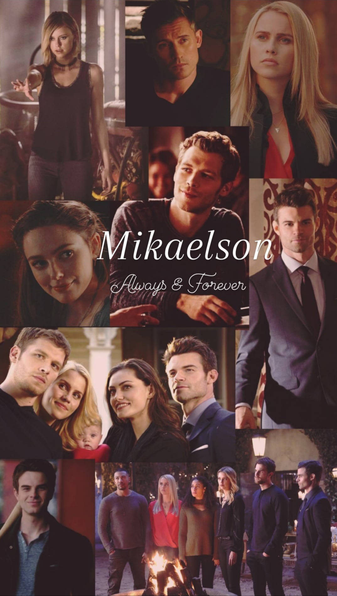elijah mikaelson 桌布 壁紙 — Mikaelson 家族戲劇性角色肖像的拼貼畫，中央帶有「Mikaelson Always & Forever」文字。