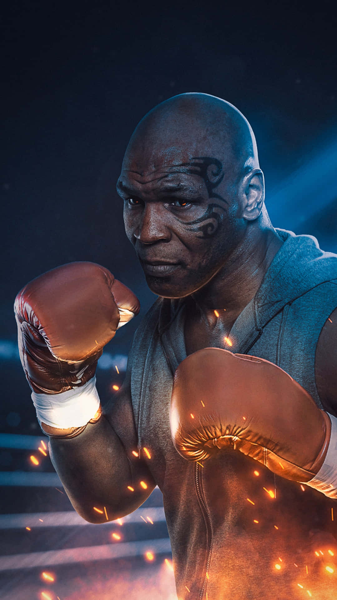 麥克·泰森 桌布 壁紙 — Mike Tyson 在拳擊擂台上專注地凝視，手套上火花四濺，背景是戲劇性的藍色和橙色燈光。