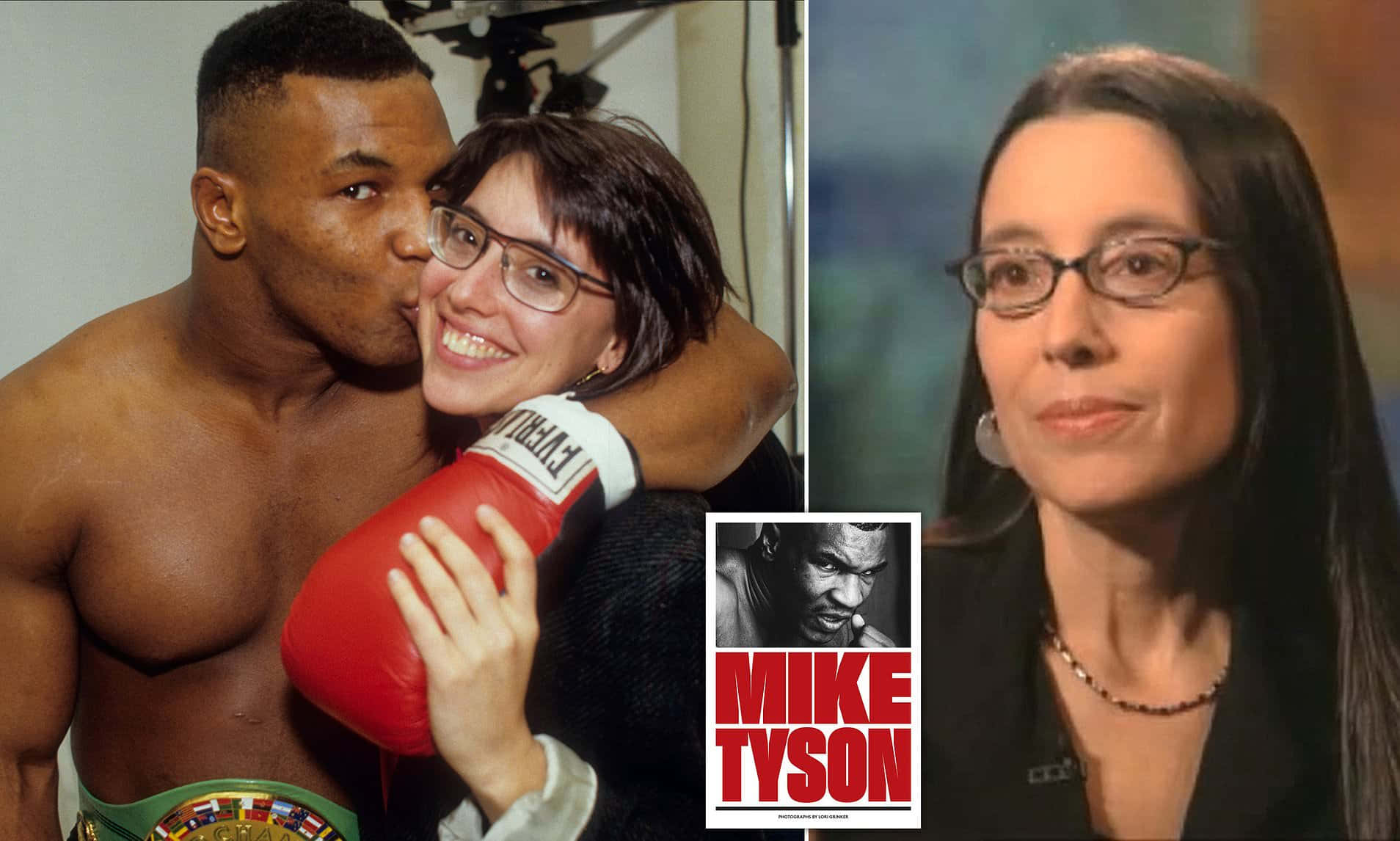 麥克·泰森 桌布 壁紙 — Mike Tyson 親吻一位微笑的女子，她正拿著他的紅色拳擊手套，而另一幅肖像則展示一位戴眼鏡、深色頭髮的女子。