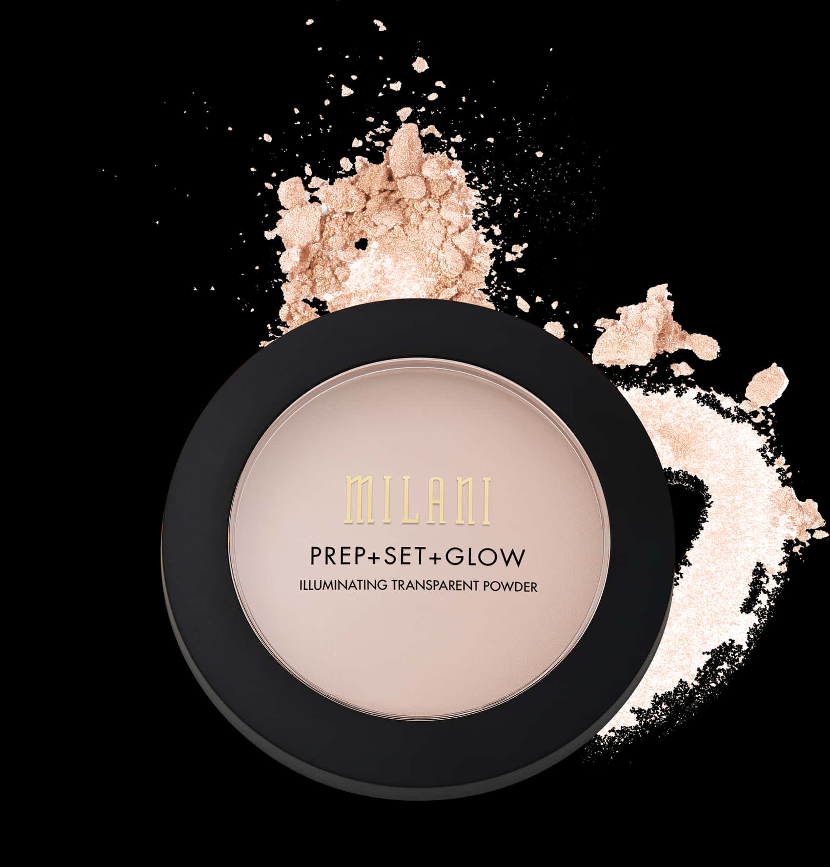 Cosmetics Products 桌布 壁紙 — Milani Prep+Set+Glow 亮顏粉餅的黑色粉盒，金色閃粉在周圍爆炸，襯托在純黑背景上。