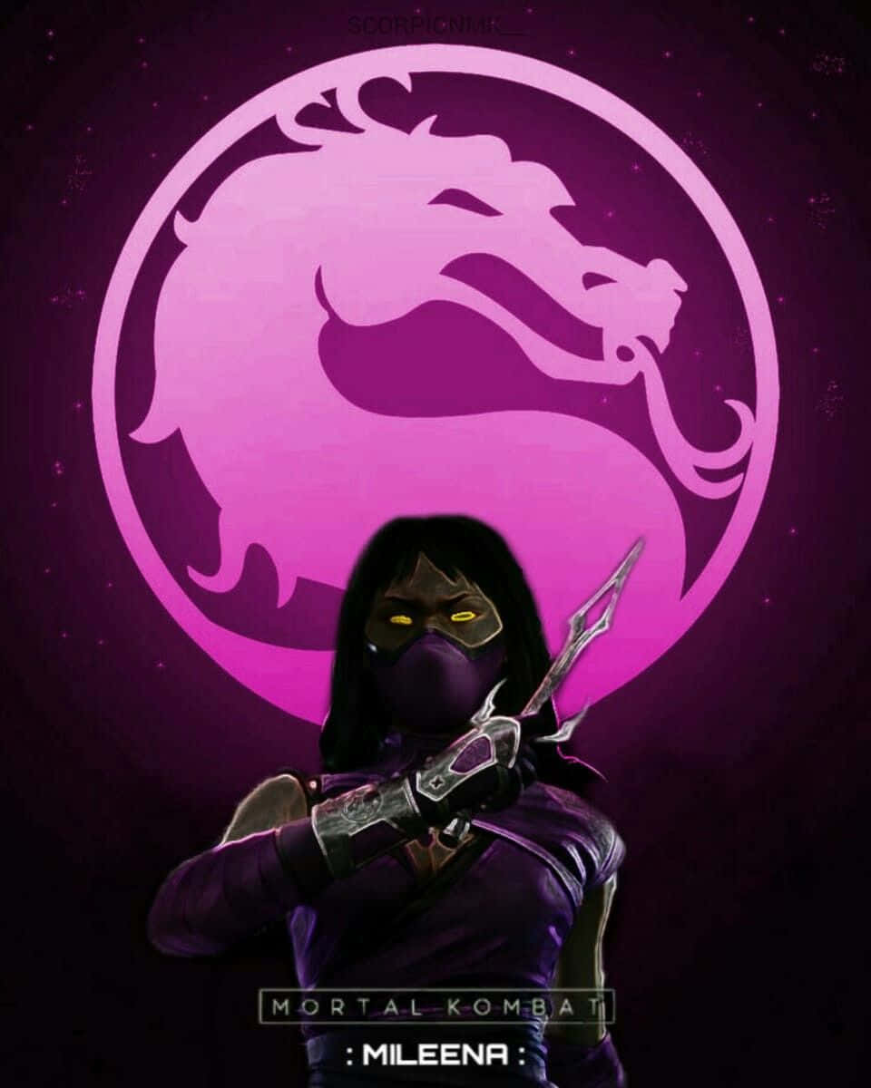Mortal Kombat Mileena 桌布 壁紙 — Mileena 來自 Mortal Kombat，在星空下手持 Sai，對著發光的紫色龍徽章擺出姿勢。