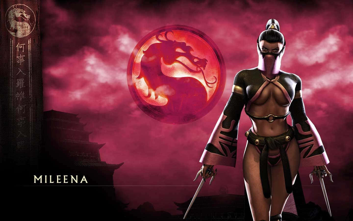 Mortal Kombat Mileena 桌布 壁紙 — Mileena 手持雙刀，在深紅色的天空下，背後有發光的龍紋章和古老寶塔的剪影，蓄勢待發。