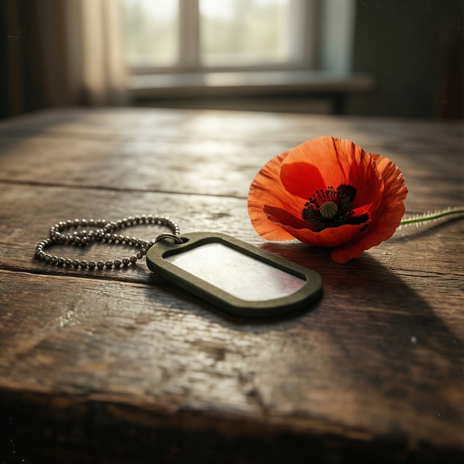 Dog Tags and Poppy 壁紙 — 一個軍用狗牌放在一張飽經風霜的木桌上，旁邊是一朵鮮紅的罌粟花，沐浴在柔和窗光中。