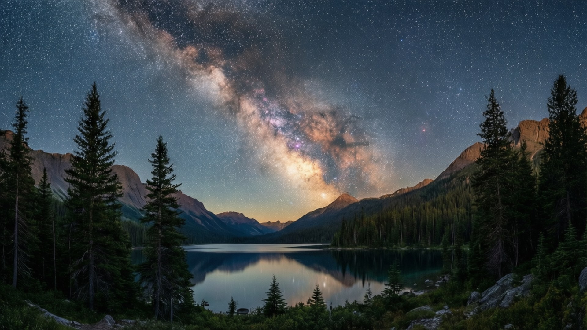 Milky Way Over Mountain Lake 壁紙 — 銀河系在寧靜的山湖上空拱起，在深藍色的夜空下反射出星星和松樹。
