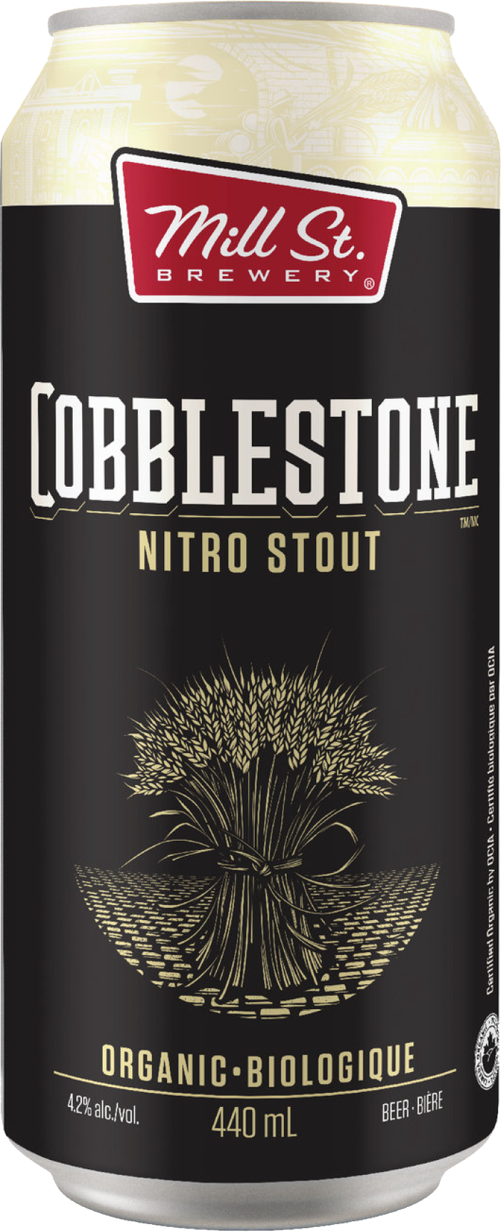 飲料 桌布 壁紙 — Mill St. Brewery's Cobblestone Nitro Stout 的時尚黑色罐頭，在簡約背景上呈現金色麥束圖案。