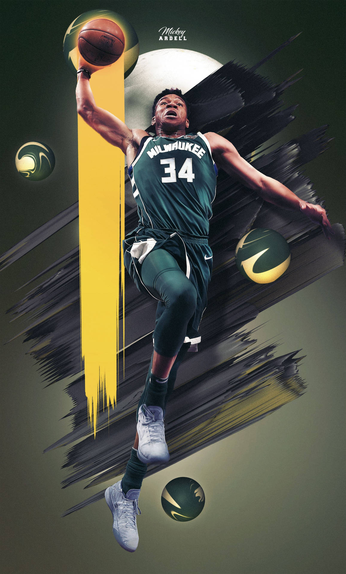 身穿綠色球衣的籃球運動員以抽象動感圖形灌籃。 — 酷 NBA 壁紙