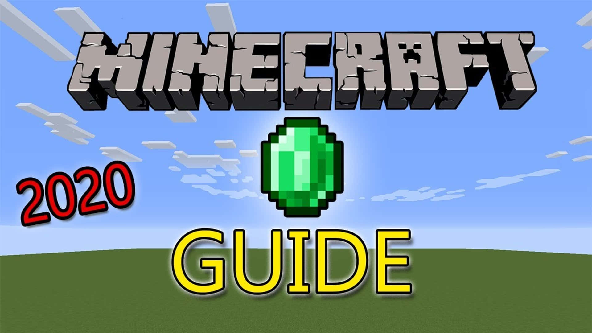 Minecraft Emeralds 桌布 壁紙 — Minecraft 2020 指南封面，帶有像素化鑽石和方塊文字，背景為藍天和綠草。