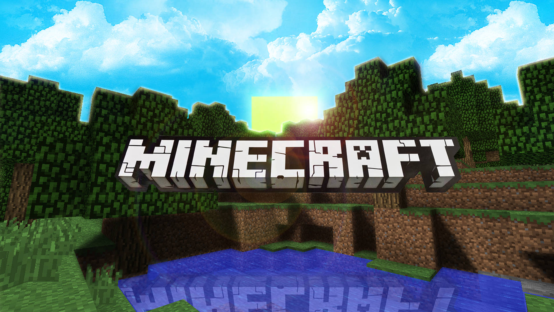 Minecraft 遊戲標誌在一個方塊景觀上，有樹木、水和太陽。 — 我的世界 壁紙