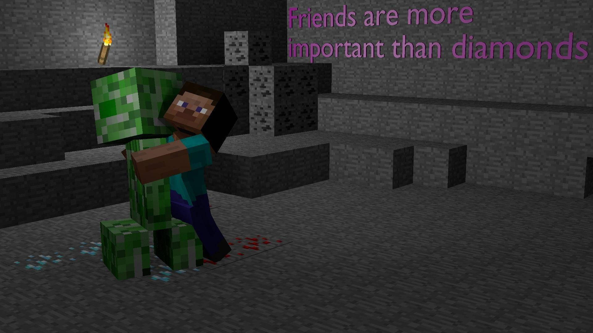 Minecraft玩家在石頭地牢中擁抱殭屍，並有勵志文字。 — 我的世界苦力怕 壁紙