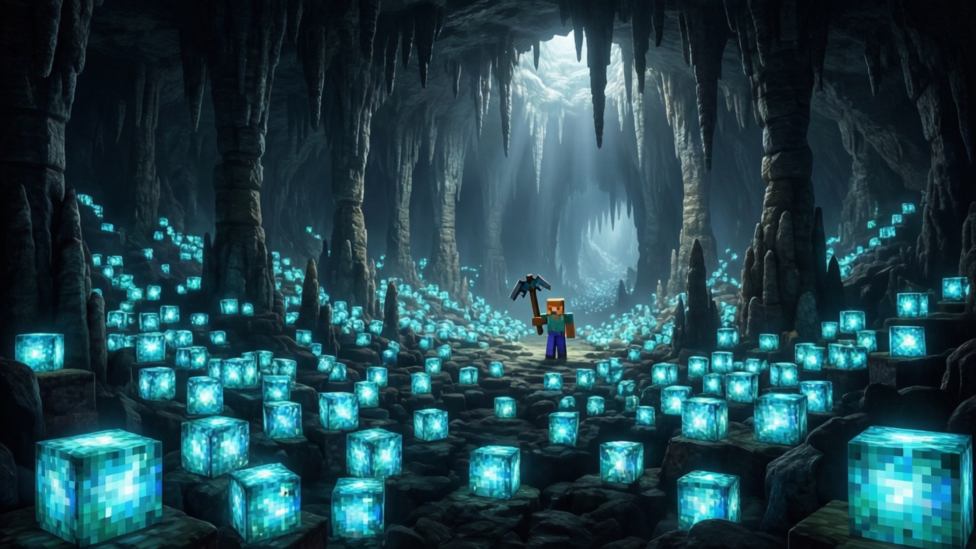 一個Minecraft玩家在充滿發光藍色方塊的洞穴中拿著鎬。 — 我的世界 鑽石 壁紙
