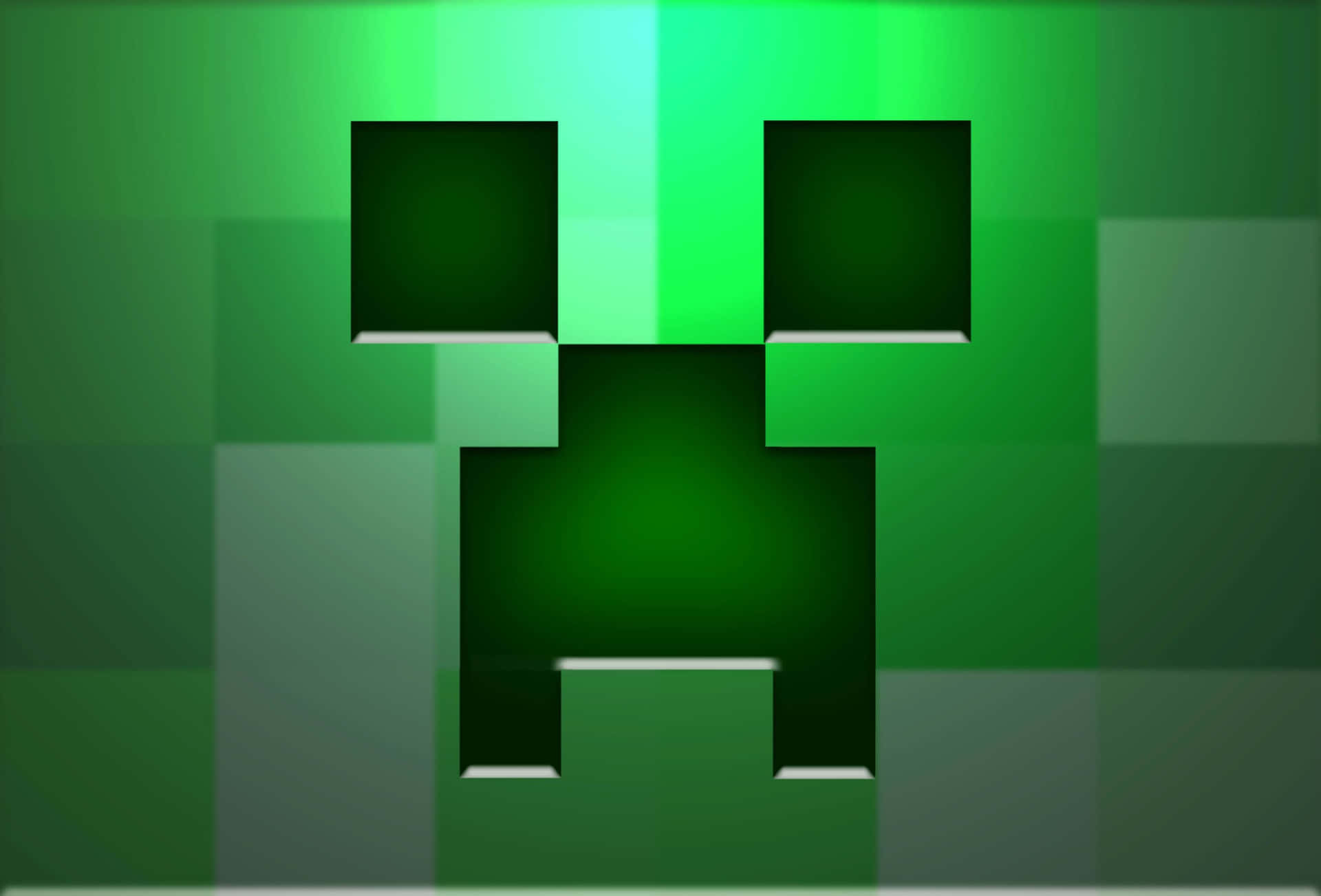 Minecraft 的綠色像素化爬行者臉在漸變背景上發光。 — 我的世界苦力怕 壁紙