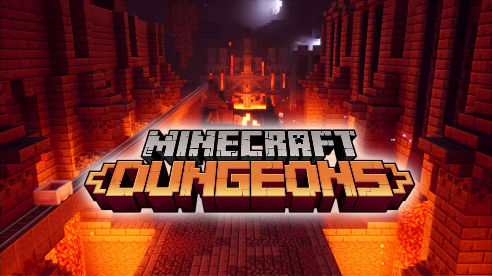 電玩遊戲 桌布 壁紙 — Minecraft Dungeons 標誌在一個有熔岩和火炬的方塊地牢走廊中發出火熱的橙色光芒。