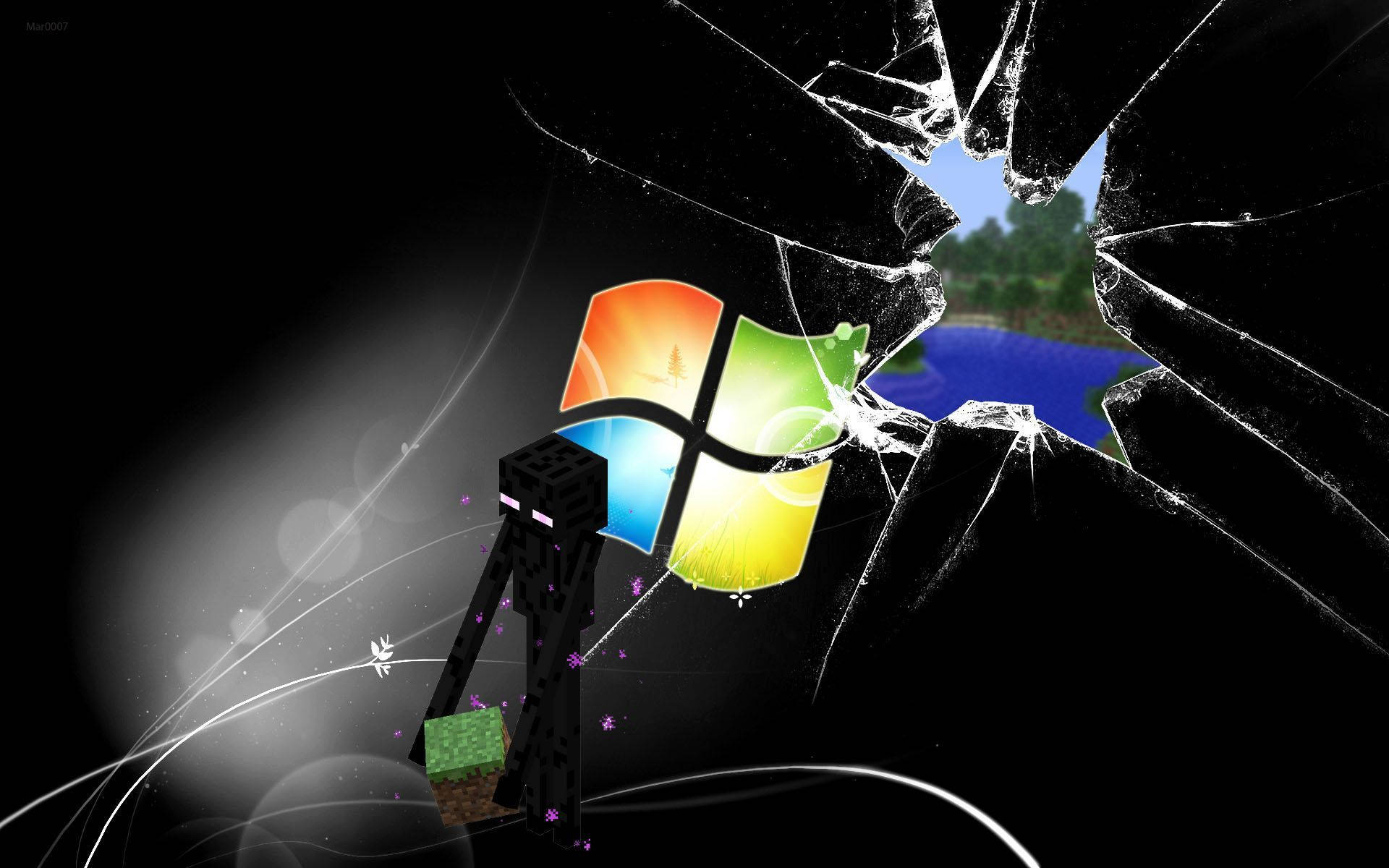 Minecraft 苦力怕穿過破碎的 Windows 標誌，揭示一個和平的遊戲世界。 — 我的世界迷因 壁紙