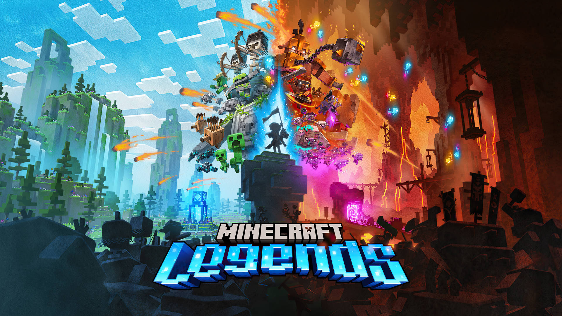 Minecraft Legends 像素藝術戰鬥場景，英雄和怪物在森林和廢墟環境中戰鬥。 — 最佳我的世界 壁紙