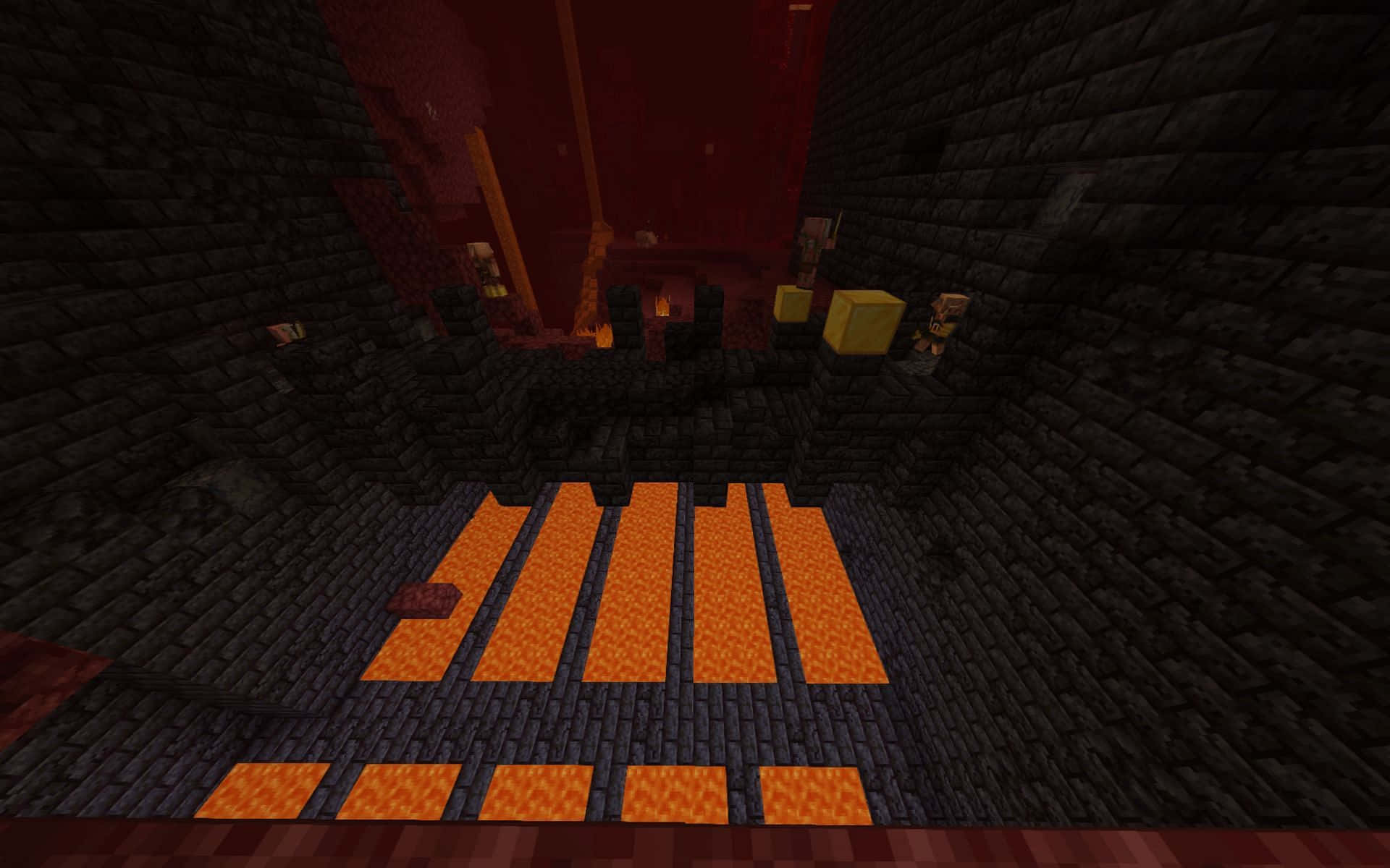 壁紙 — Minecraft 地獄堡壘內部，黑暗石地板上有發光的橙色熔岩流和紅色牆壁。