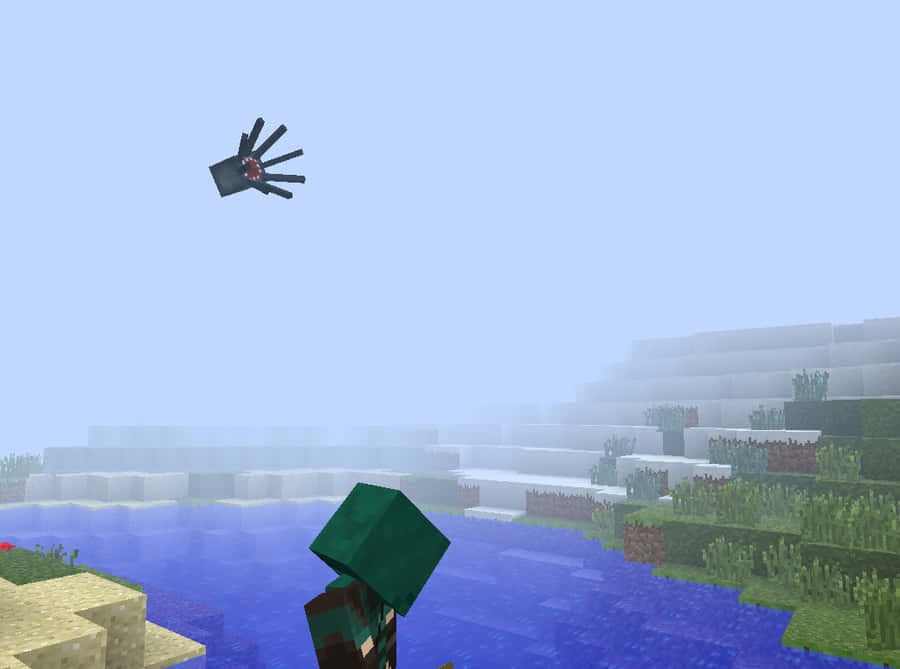  壁紙 — 一名穿著綠色盔甲的Minecraft玩家面對一隻在霧海和方塊地形上飛行的黑色蜘蛛。